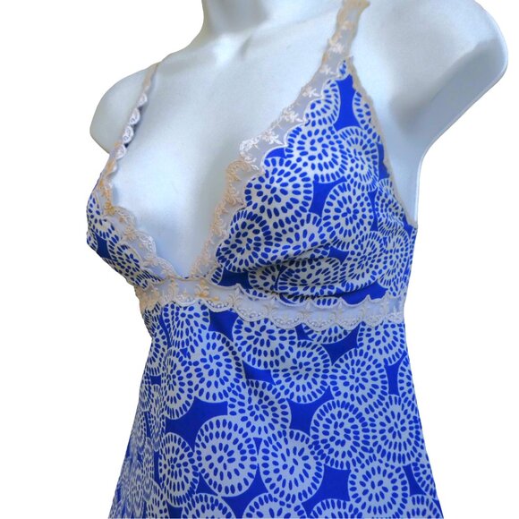 Vintage 50s Fernanda Babydoll Slip Dress Blue White Floral Lace Trim Italy - Picture 2 of 7